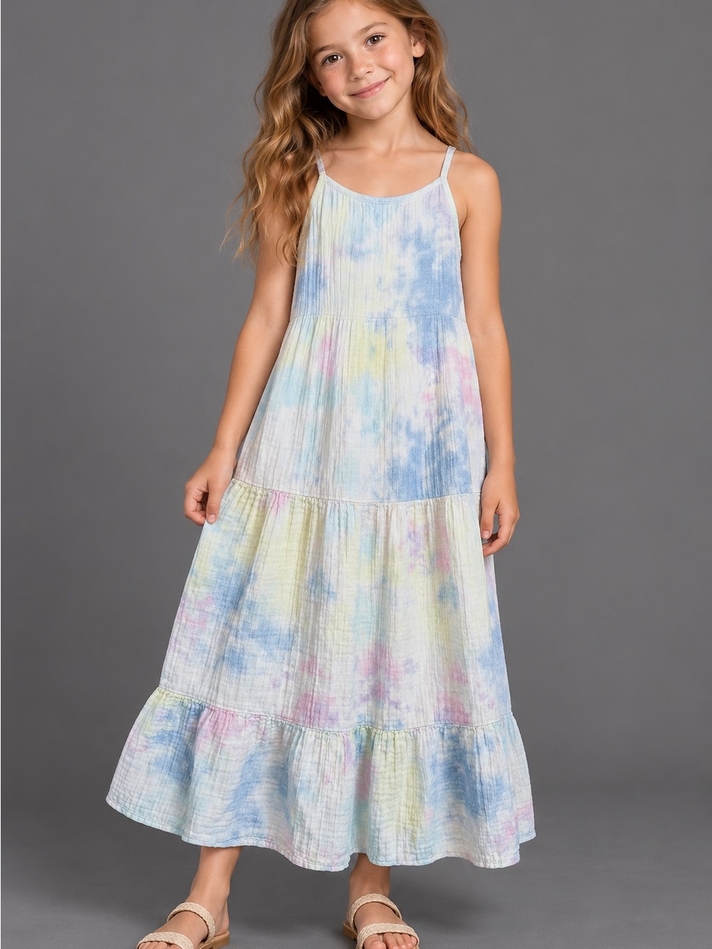 Cat & Jack Pastel Tie Dye Cotton Gauze Tiered Maxi Dress Girls 7/8